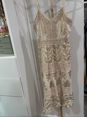 Beige Lace & Gold Embroidered Sleeveless Midi Dress